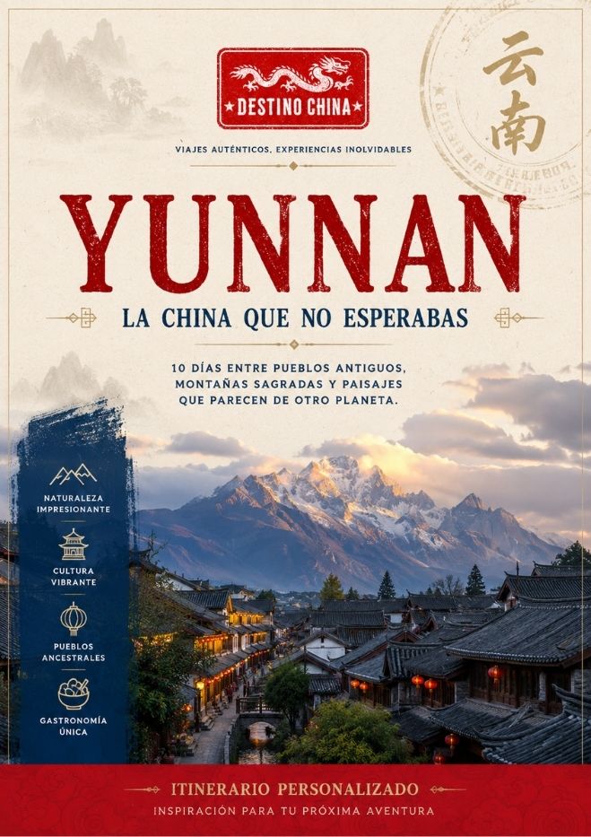 imagen de Yunnan en letra al fondo una montañna nevada . tipo itinerario